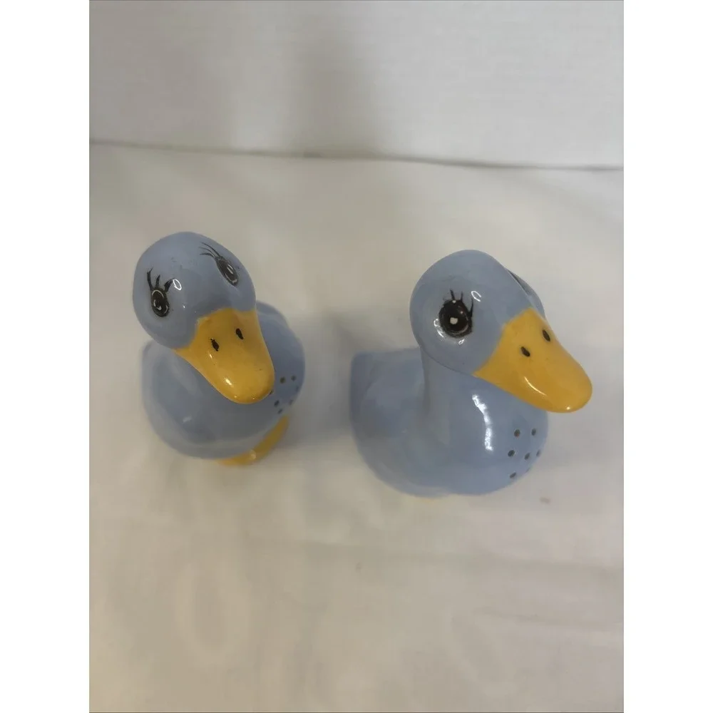 Vintage Pear Of Blue And Yellow, Ceramic Duck Figurines, Salt, n Pepper Shakers